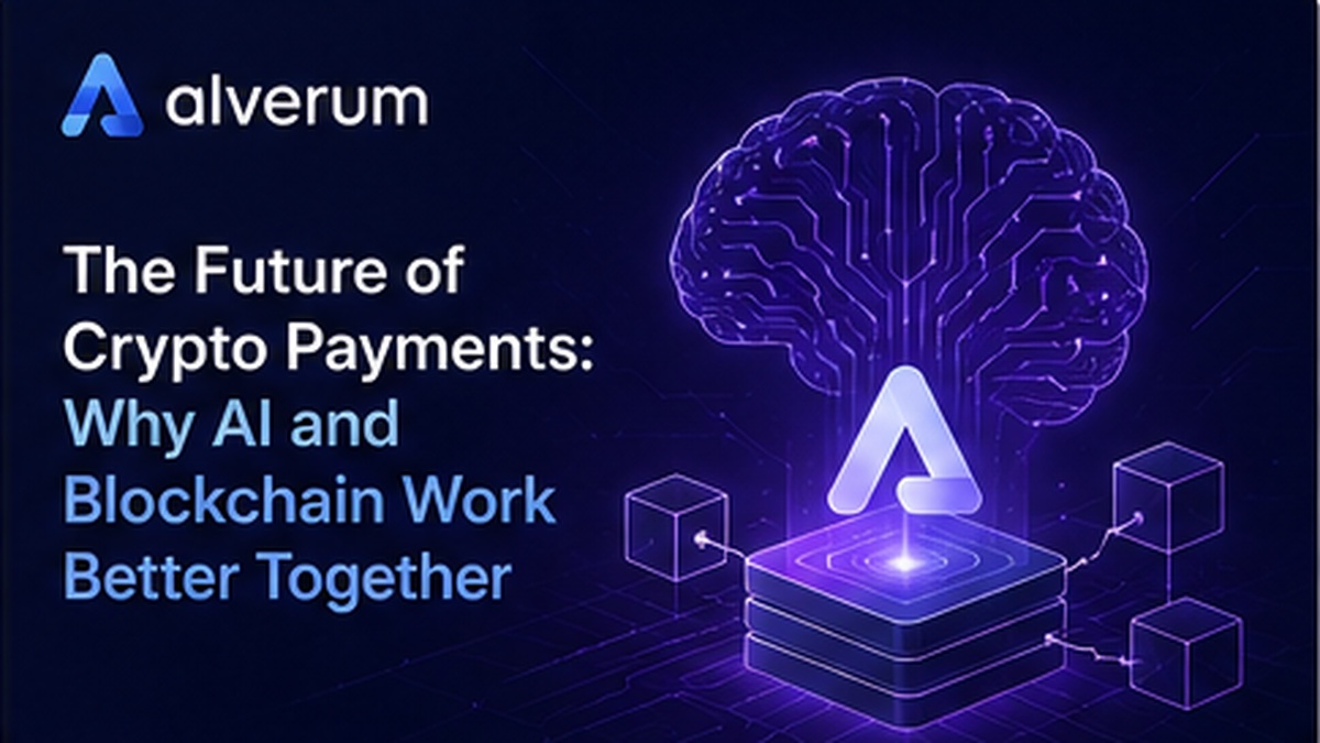 AI brain connected to blockchain payment network with Alverom branding